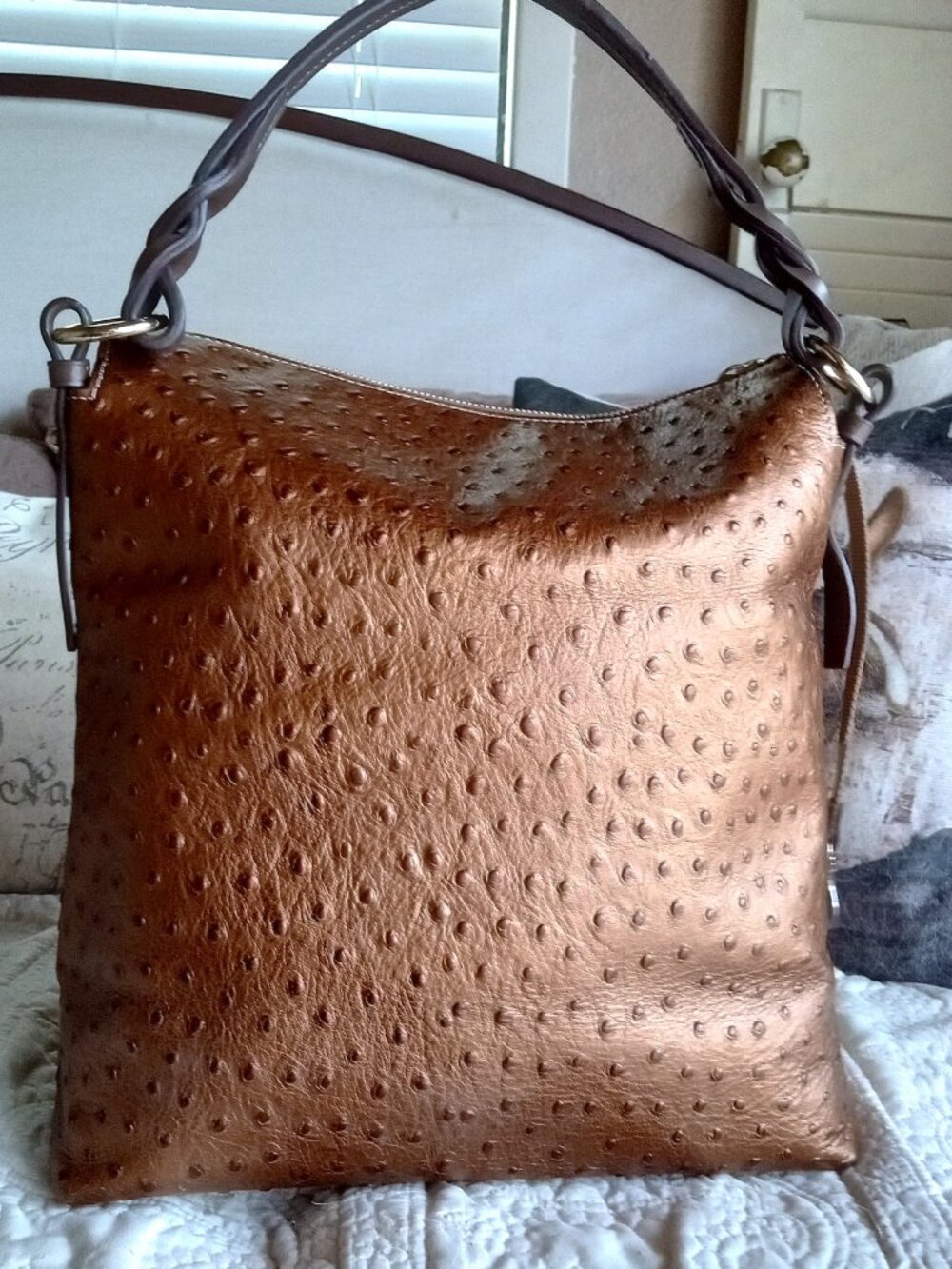 Dooney & Bourke Ostrich Collection Brown Metallic Leather Shoulder Bag - Picture 3 of 11